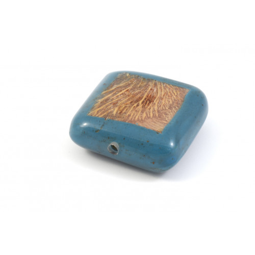 FLAT SQUARE 25MM WOOD BEAD, BLUE AND BEIGE